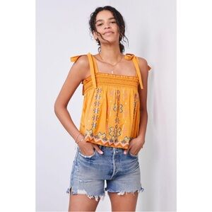 Anthropologie Mustard Embroidered Smocked Swing Tank Tie Strap Large